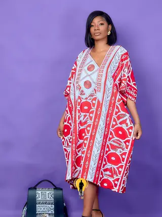 Red patterned IAM womenswear look
